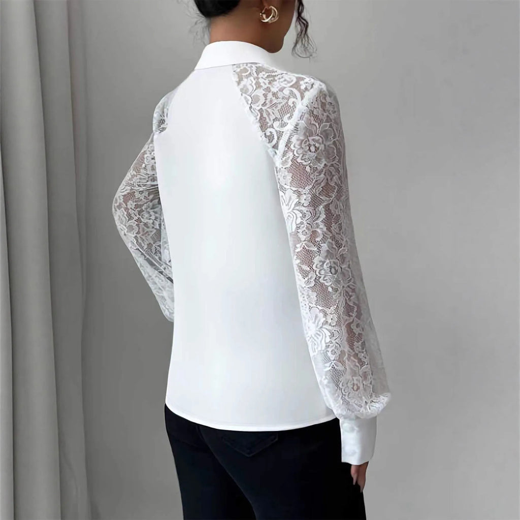 Women's white lace hollow out long sleeve button shirt with polyester fabric casual top