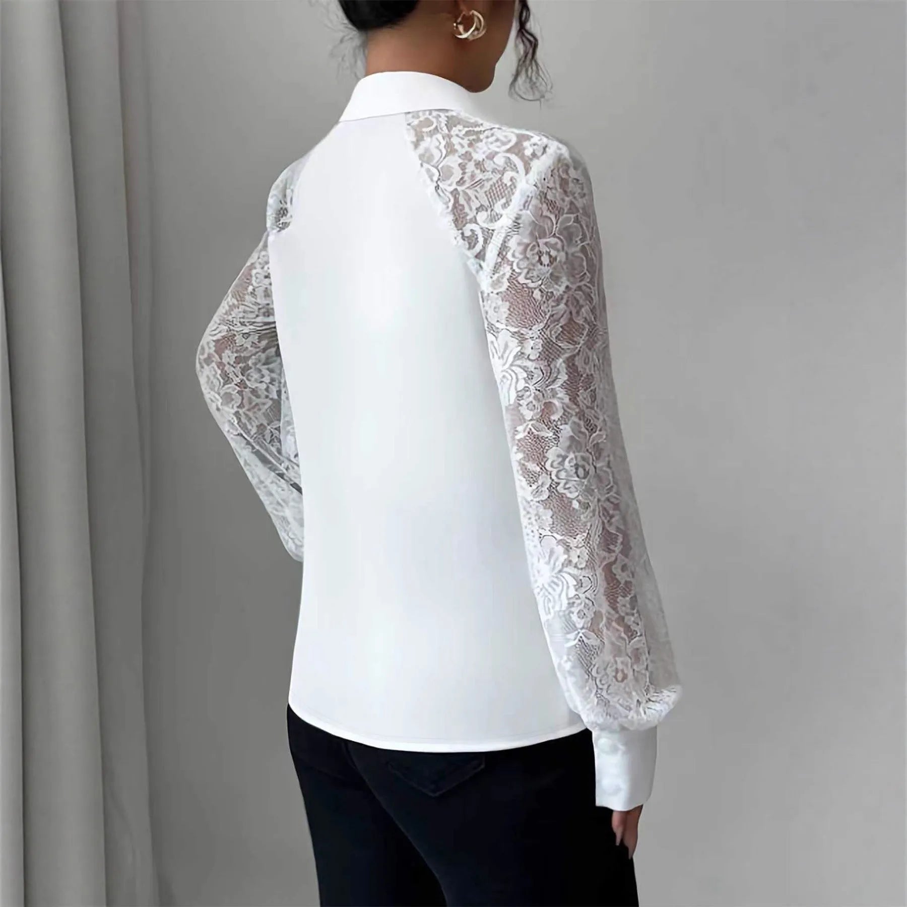 Women's white lace hollow out long sleeve button shirt with polyester fabric casual top