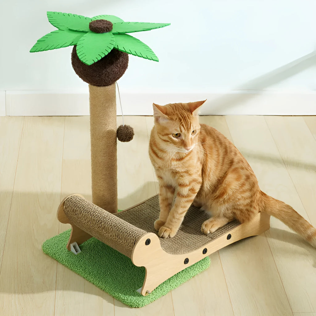 Wooden beach chair cat climbing frame with a hemp mat seat and integrated scratch board.