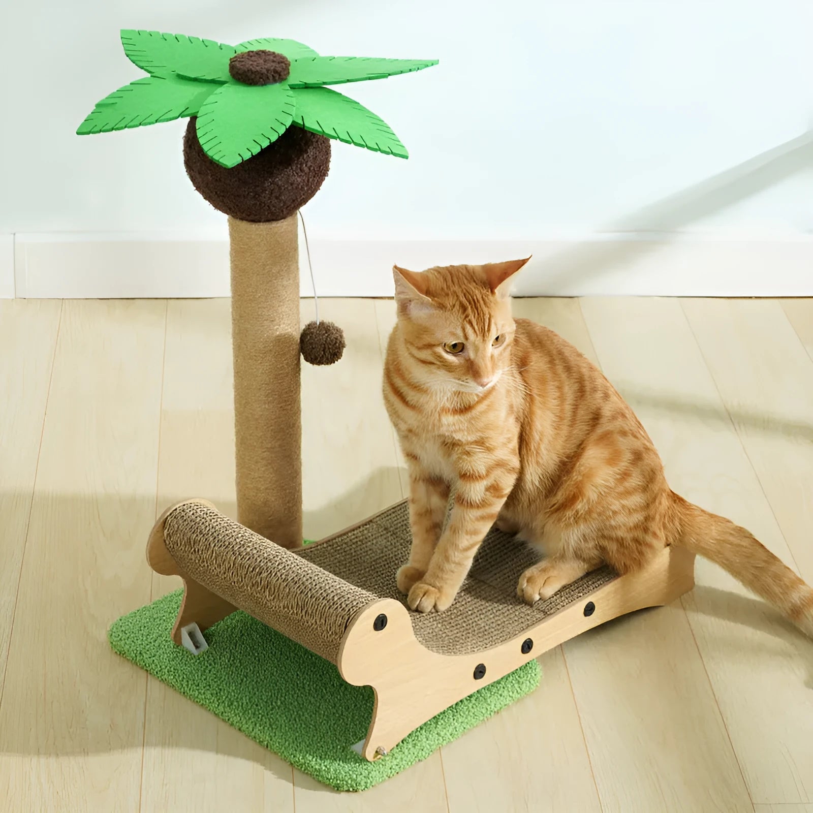 Wooden beach chair cat climbing frame with a hemp mat seat and integrated scratch board.