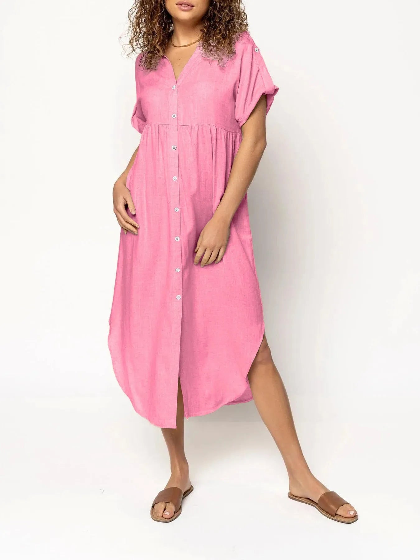 Casual button-front mid-length dress in loose fit available in multiple solid colours