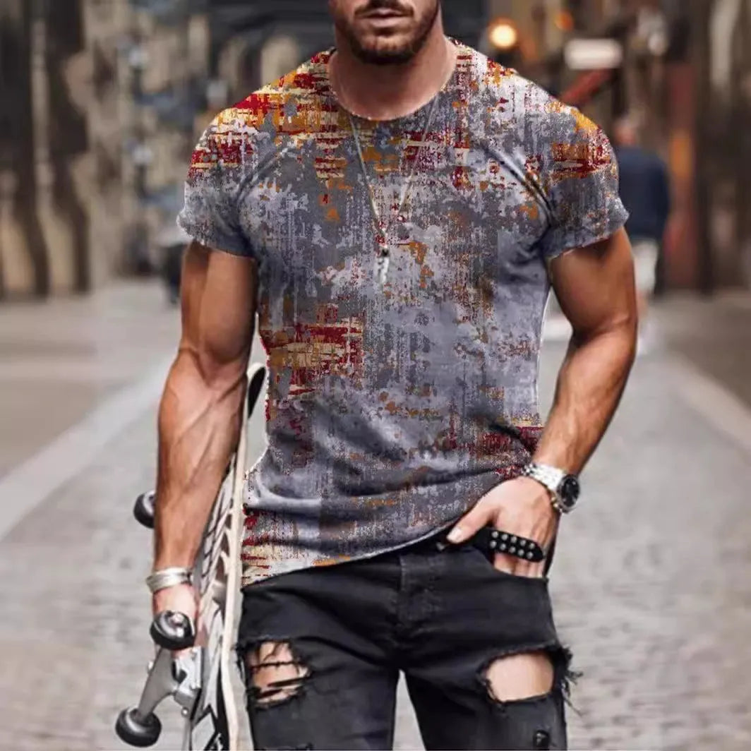 Men's camouflage print short-sleeved t-shirt in milk silk polyester, loose fit pullover style