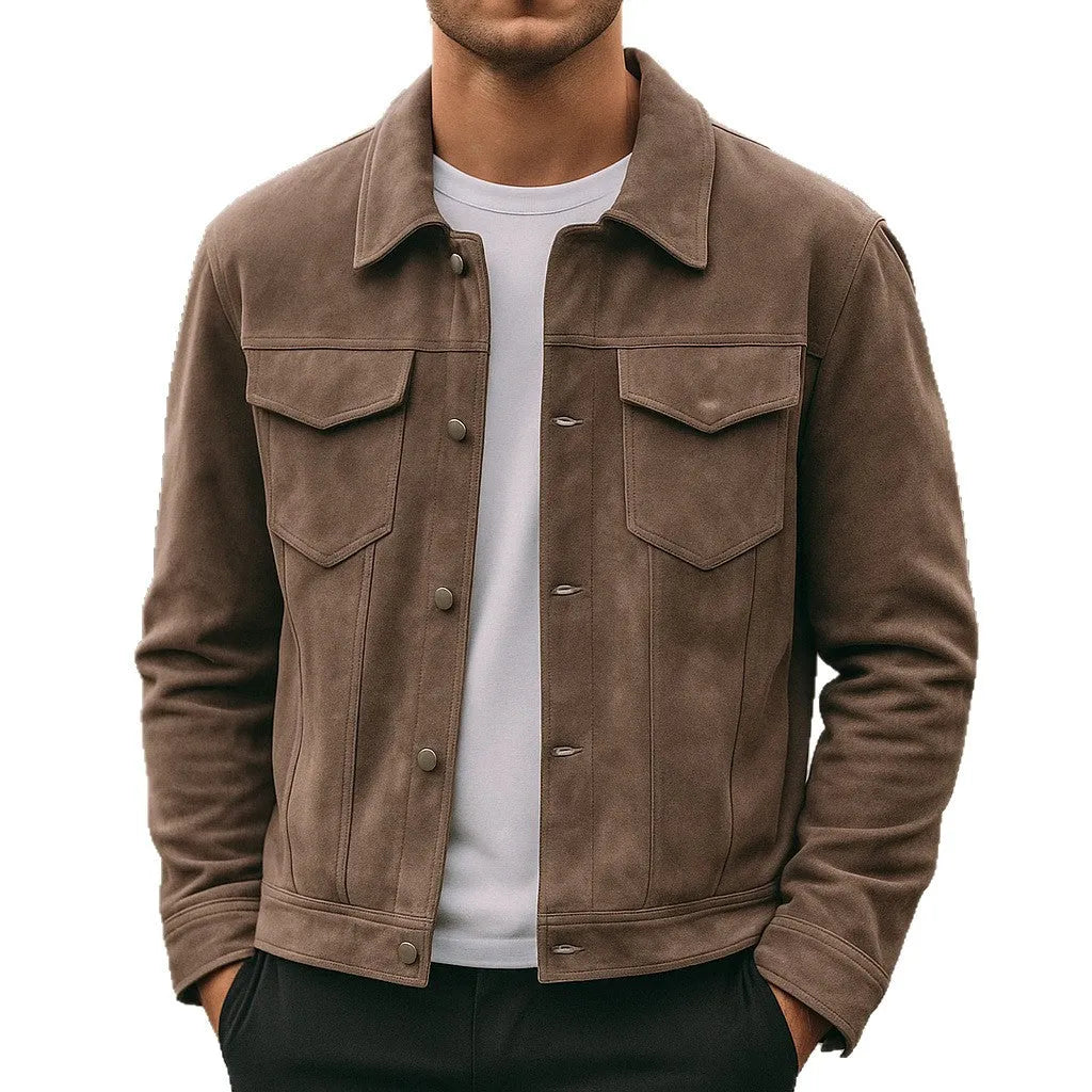 Men's suede winter lapel work jacket with 3D patch pocket, loose fit, brown apricot or grey, sizes S-XXL