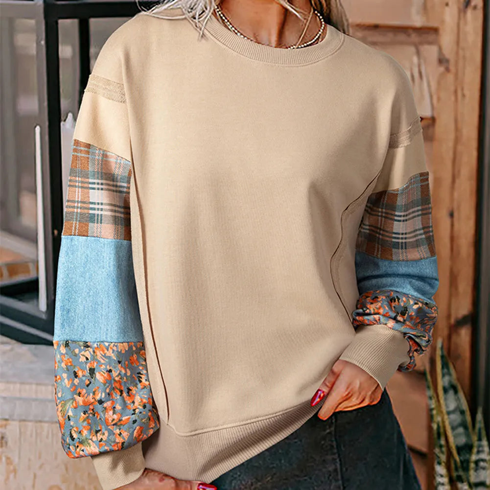 Women's plaid stitching long-sleeved top in apricot colour with loose Japanese Korean casual style