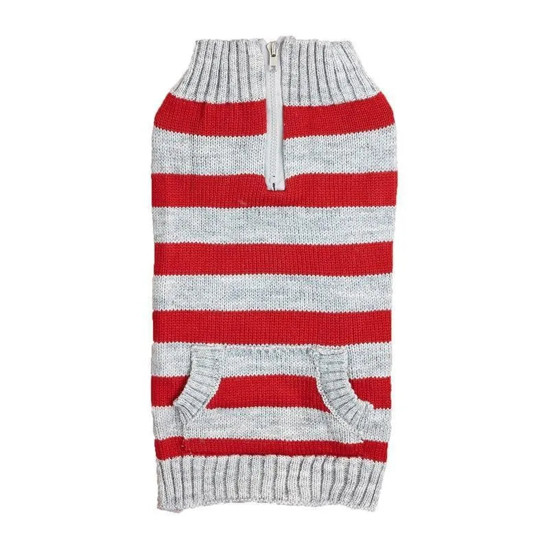Grey dog sweater with a horizontal zip and a button pocket on a small dog.