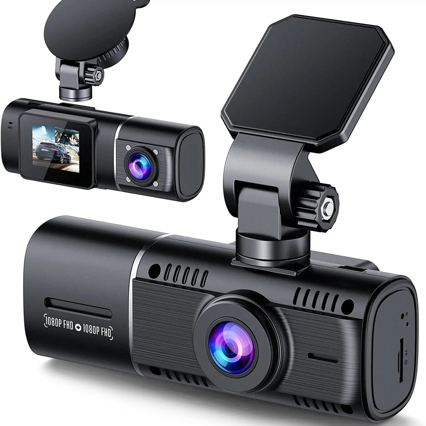 Black dash camera with dual lenses for front and rear recording, 1.5-inch screen, and car mounting stand