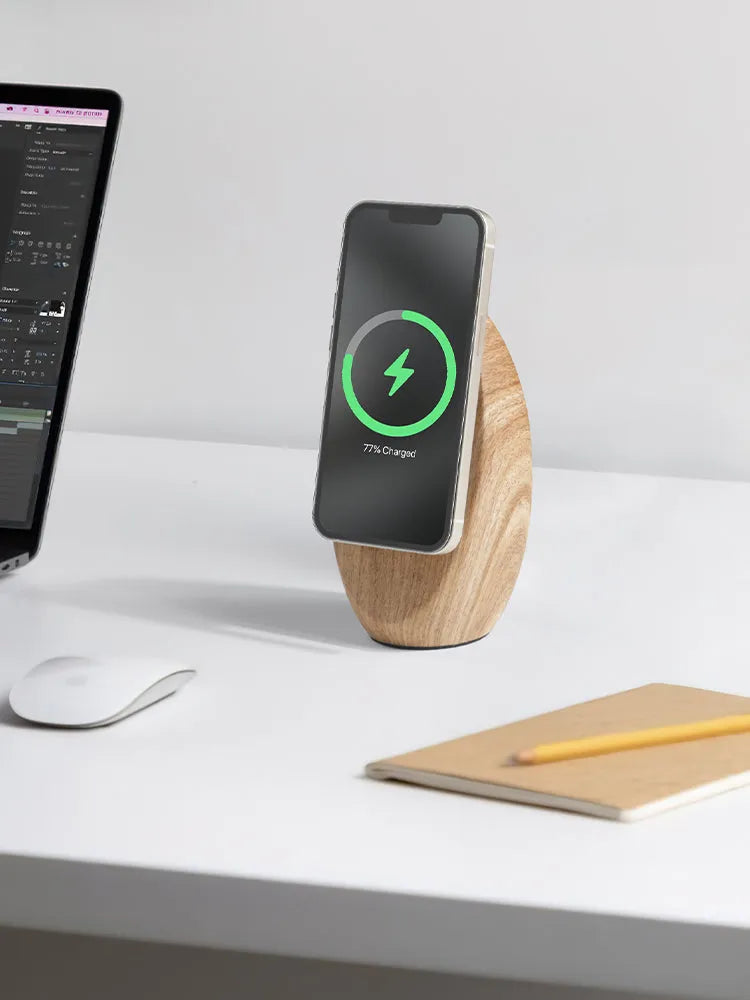 Creative Magsafe magnetic phone holder wireless charger in walnut resin colour on desk, 15.5cm length
