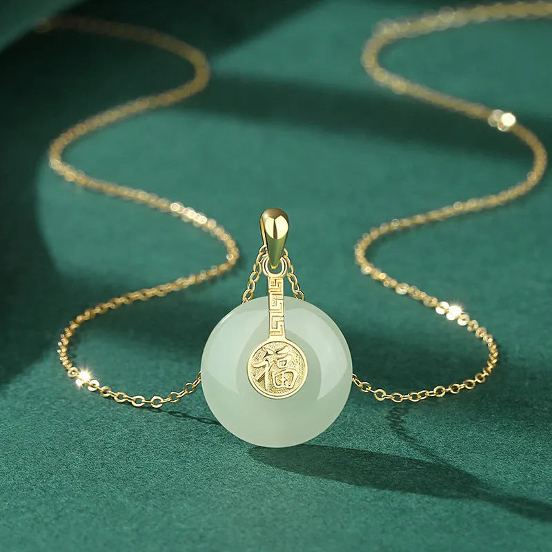 Hetian jade Nafu peace button necklace with 925 sterling silver O-chain and 18K gold plated collarbone chain
