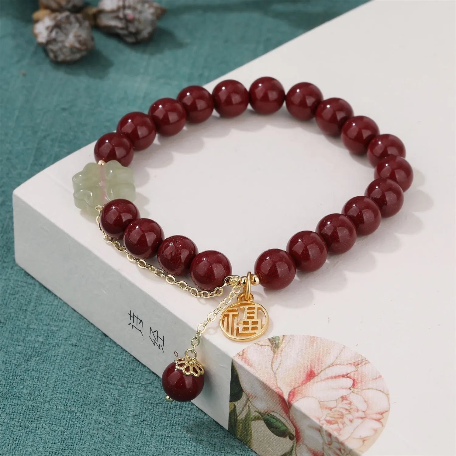 Retro women's cinnabar bracelet with Fu character charm in purple gold sand colour