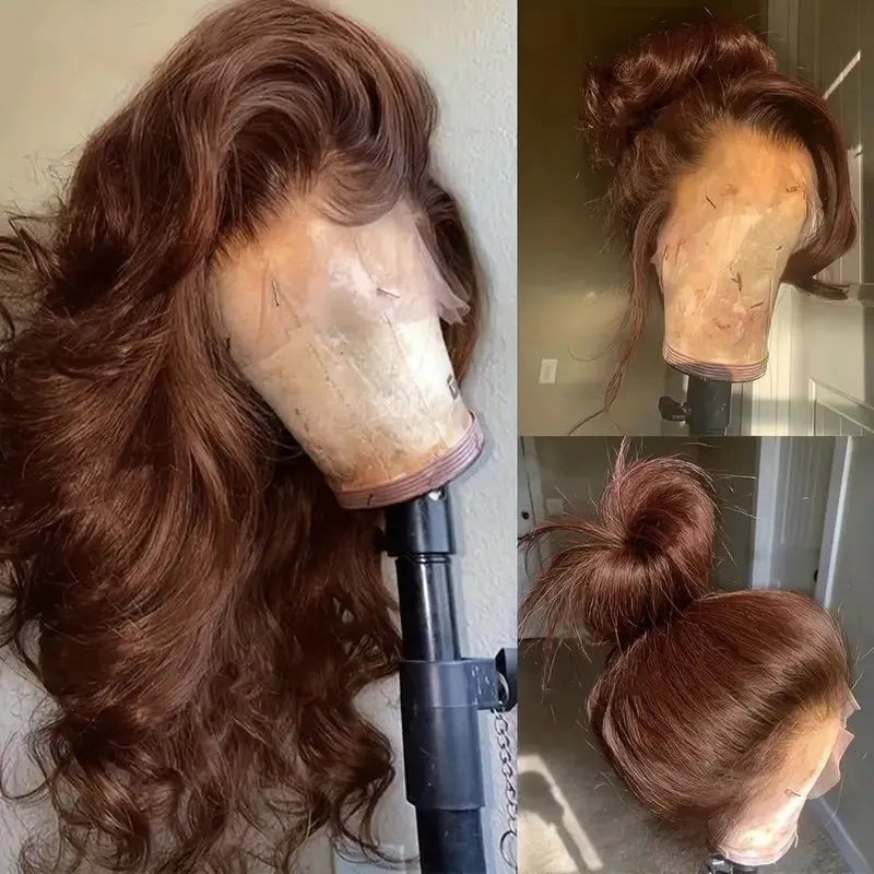 Dark brown long curly front lace synthetic wig with side bangs on a mannequin head.