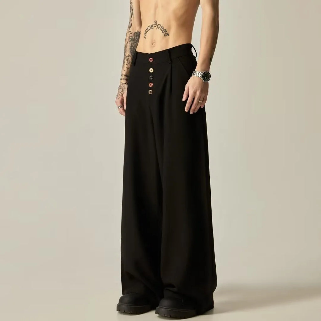 Men's black vertical tube wide-leg casual trousers showing straight-leg silhouette and mid waist design