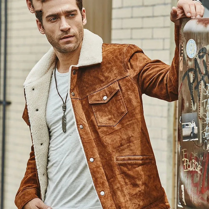 Men's brown genuine pigskin leather cotton padded jacket with lapel collar, straight cut, regular length