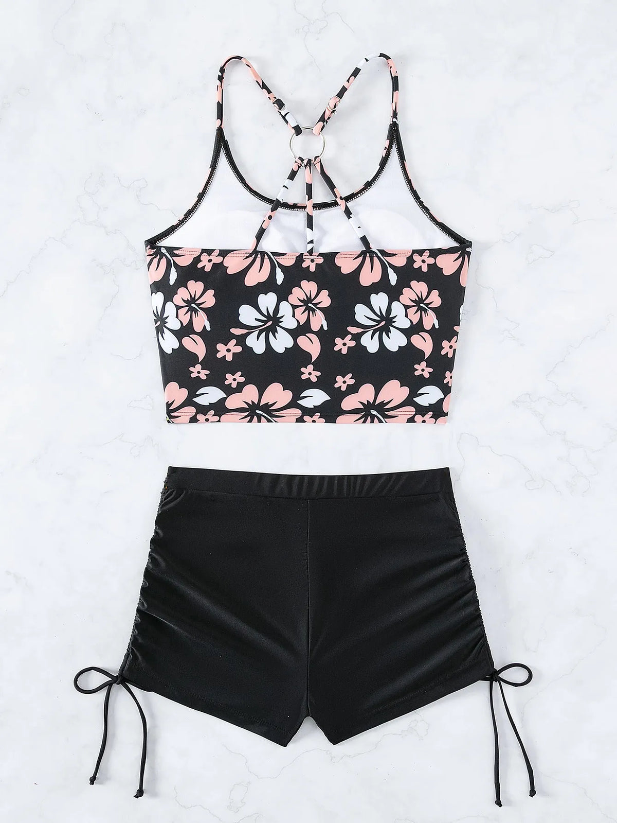 Women's nylon high waist floral backless bikini set in colour FP45BK, sizes S to XL