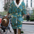 Men's peacock blue 3D printed knitted shorts suit with matching top and fifth-pants length shorts