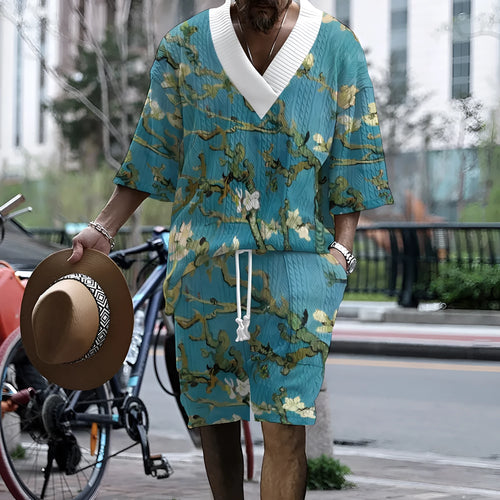 Men's peacock blue 3D printed knitted shorts suit with matching top and fifth-pants length shorts