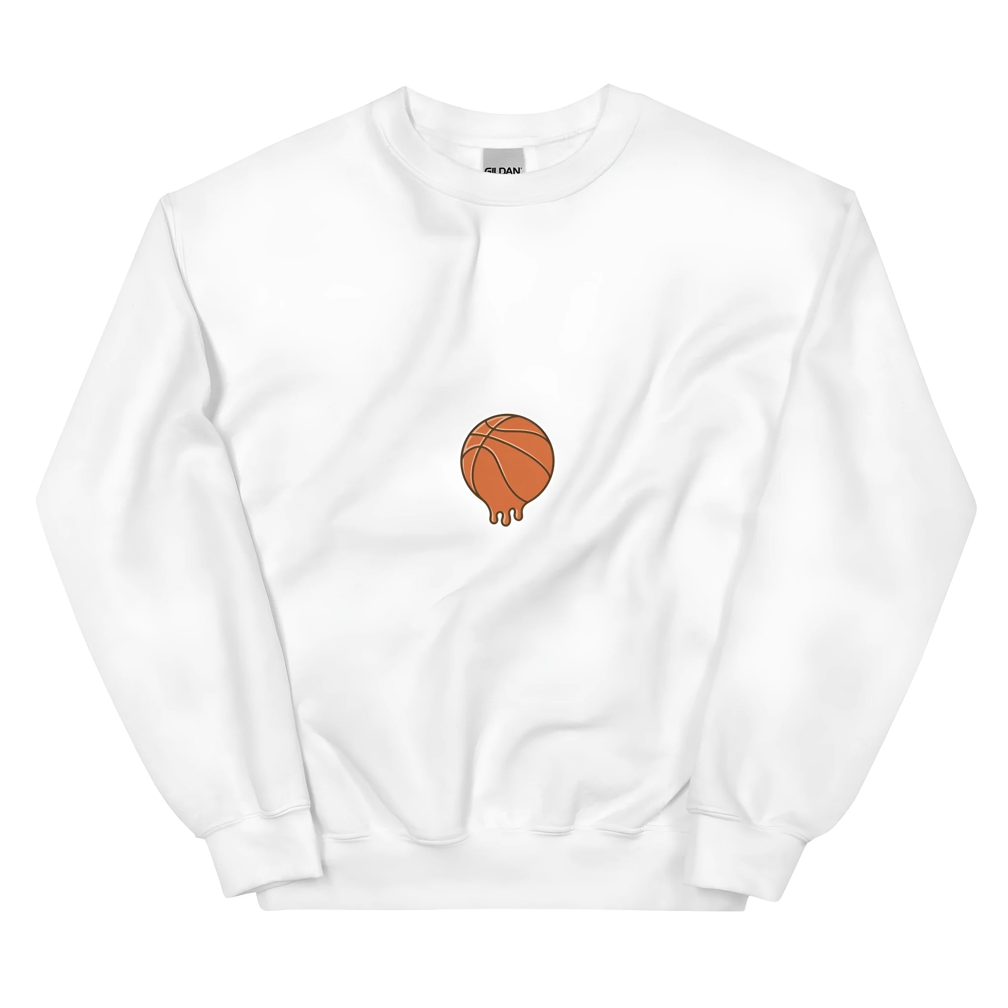 White hooded sweatshirt with printed fleece design showing side seam pocket details