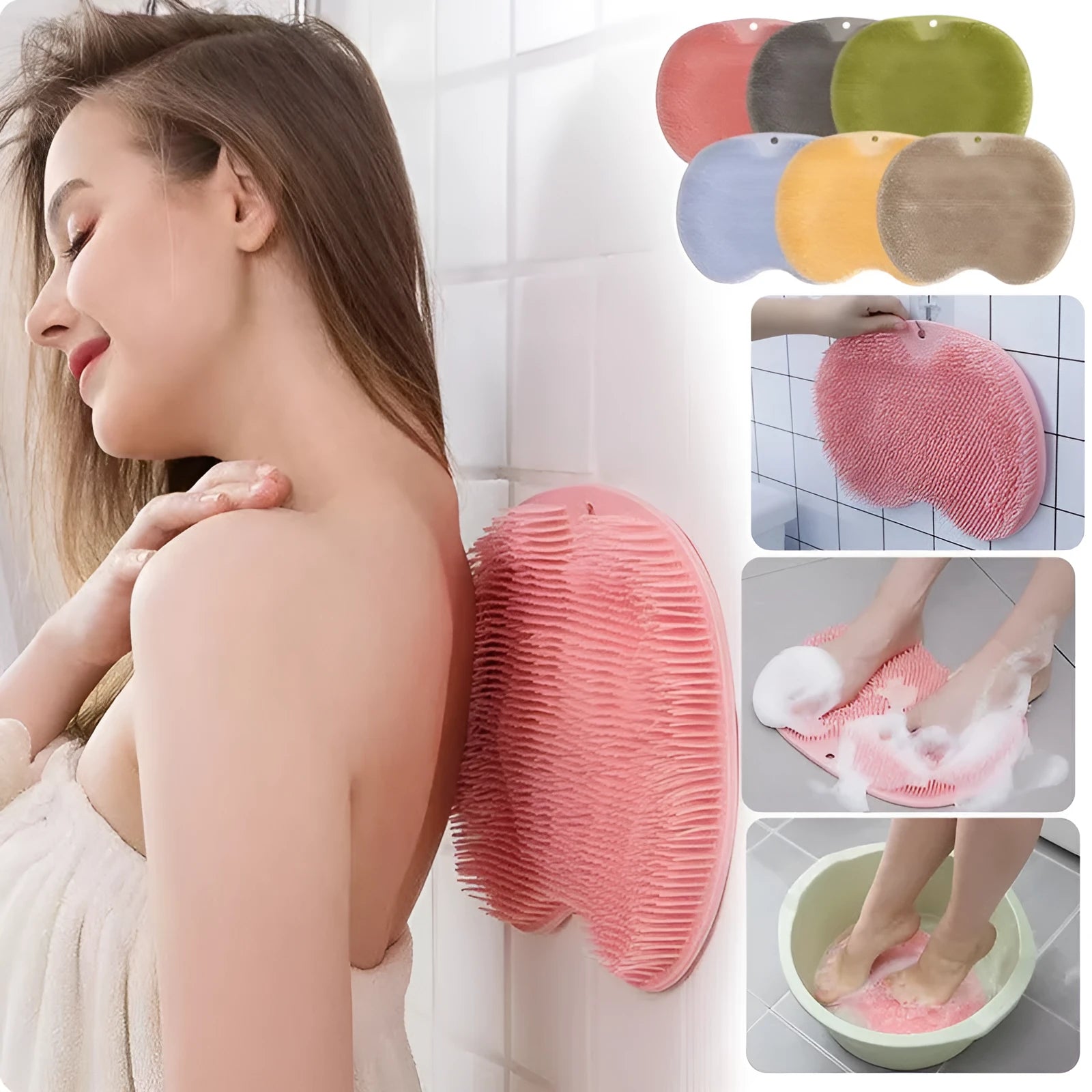Orange silicone suction cup bath brush mat with bristles for foot and back cleaning on a bathroom floor.