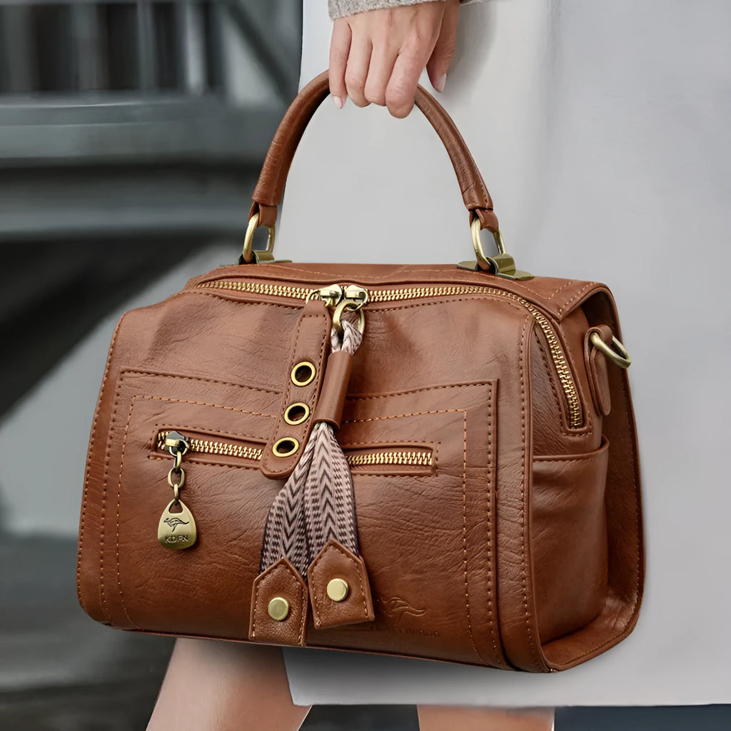 Women's soft PU retro crossbody bag in horizontal square shape with sandwich pocket exterior
