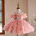 Girls pink polyester pettiskirt princess style dress on white background showing full skirt shape