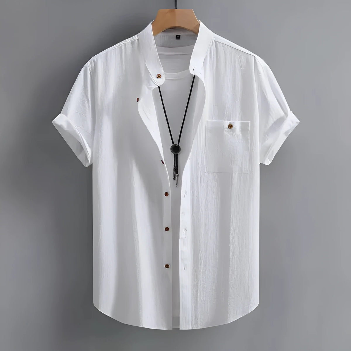 Men's short-sleeved cotton cardigan shirt in solid colour, front view, colour white
