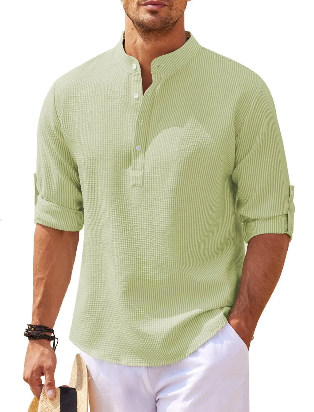Men's stand collar shirt in pineapple texture polyester fabric, loose fit long sleeve, available in multiple colours