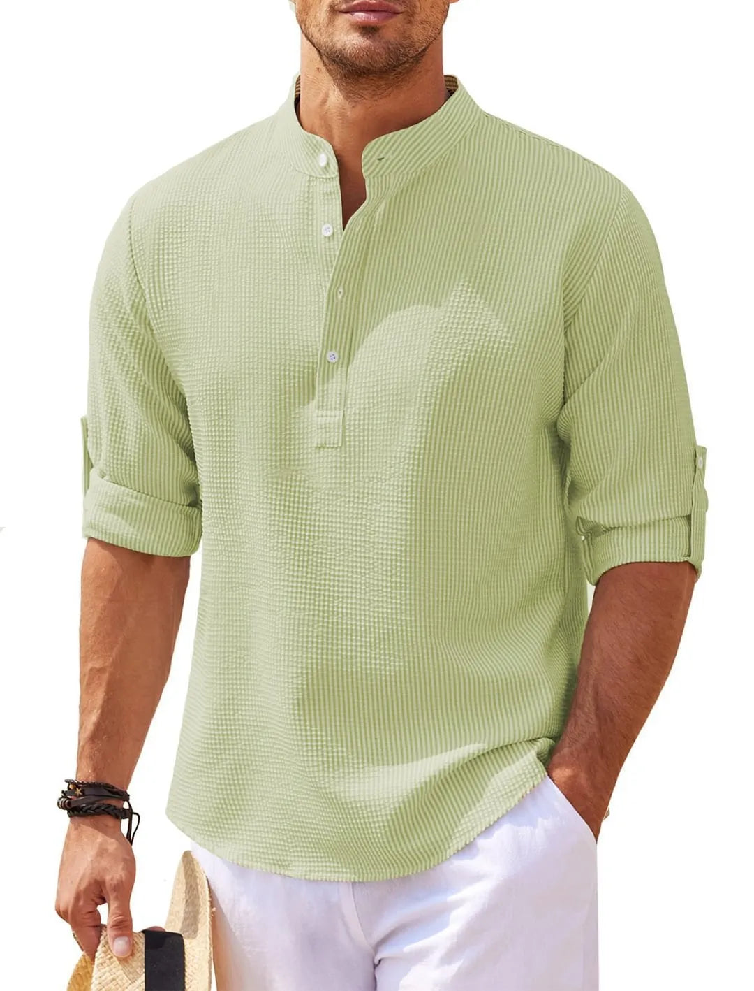 Men's stand collar shirt in pineapple texture polyester fabric, loose fit long sleeve, available in multiple colours