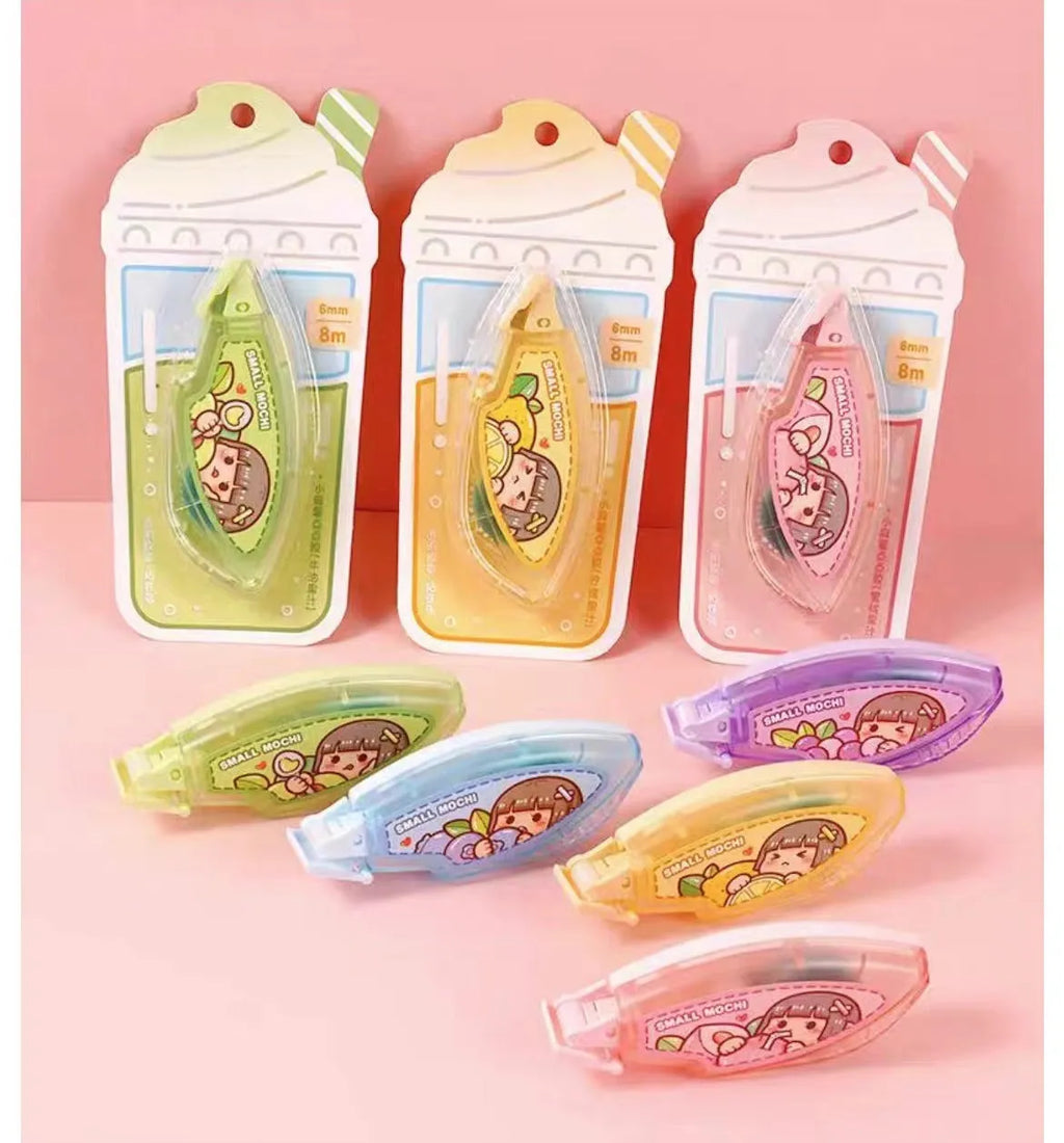 Dotting glue dispenser in fruit juice colours with traceless double-sided adhesive for stationery use