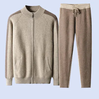 Men's camel coloured cashmere wool blend knitted cardigan suit with zip front and matching trousers.