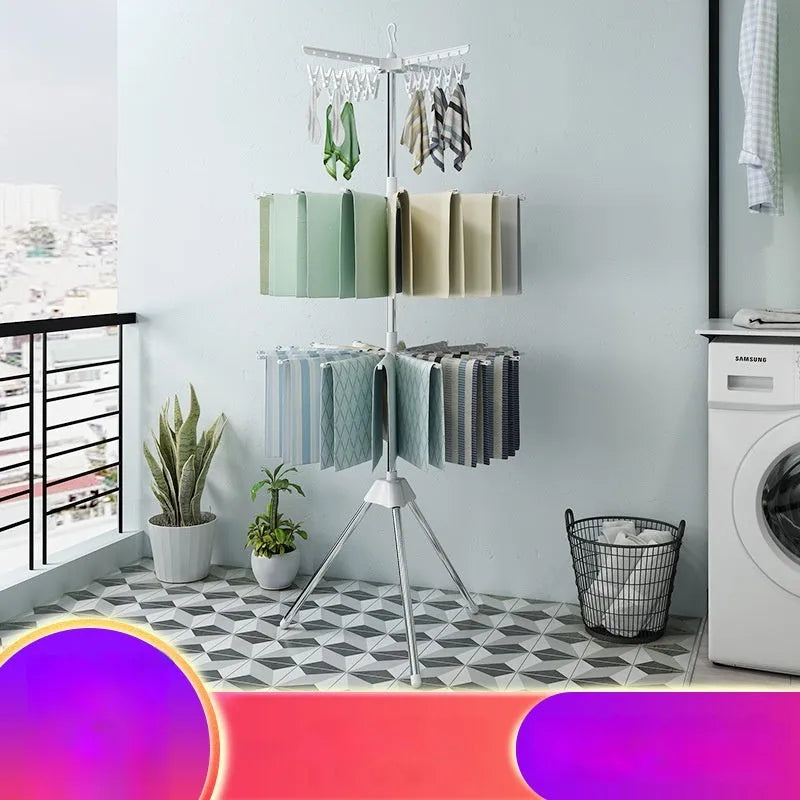Stainless steel three-layer mobile drying rack with plastic clips for socks and clothes hanger