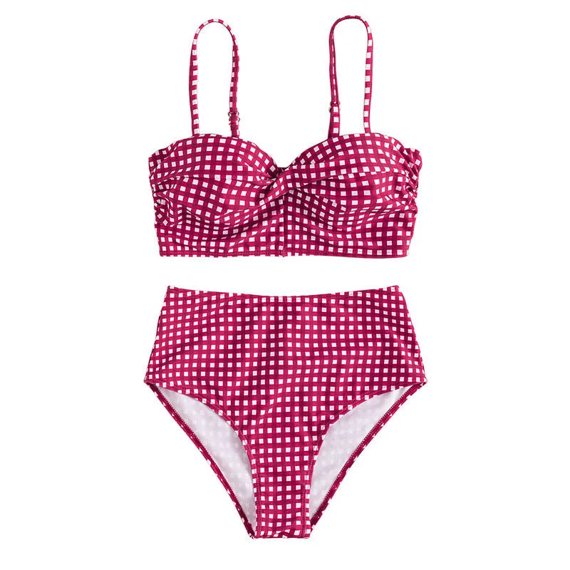 Two-piece high-waist bikini swimsuit with plaid detail and adjustable straps in rose red colour