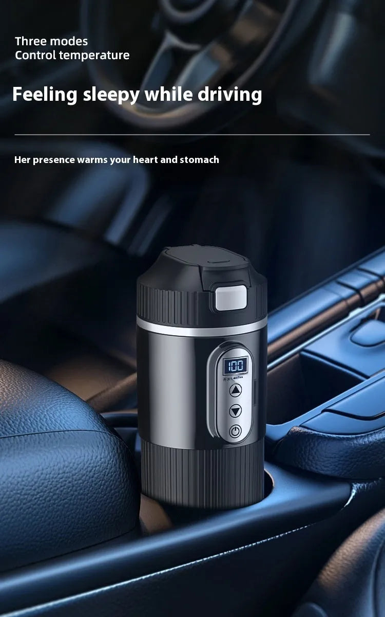 Smart car water boiling cup in black or white, stainless steel vacuum insulating cup, vertical pattern version, 70W