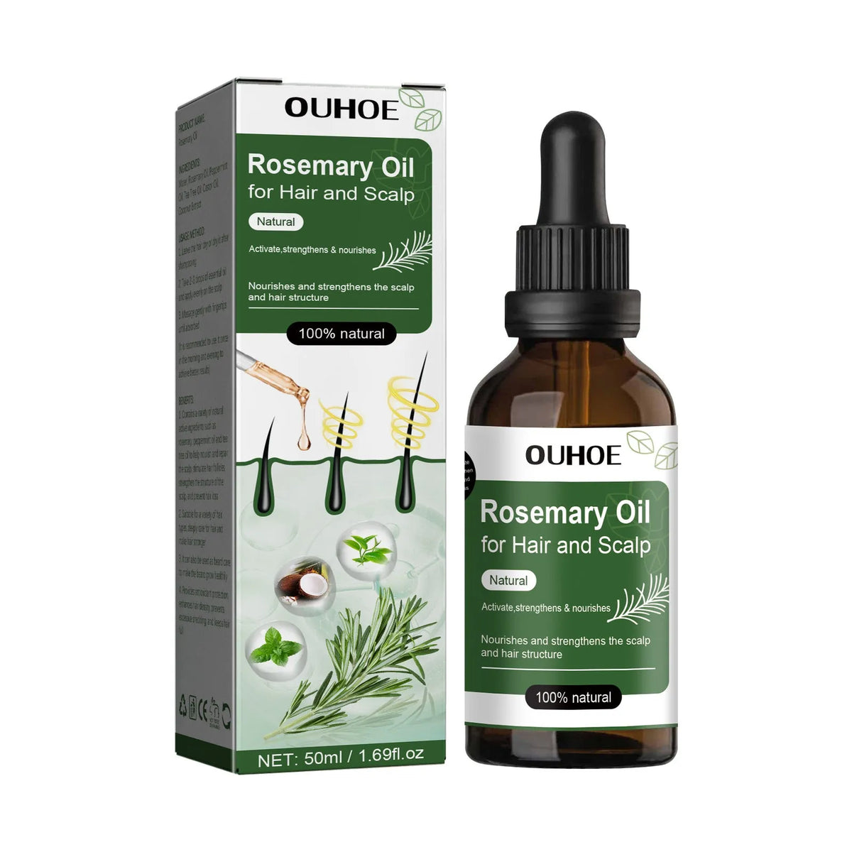 50ml anti-drop nourishing hair care essential oil with rosemary and peppermint in a small bottle