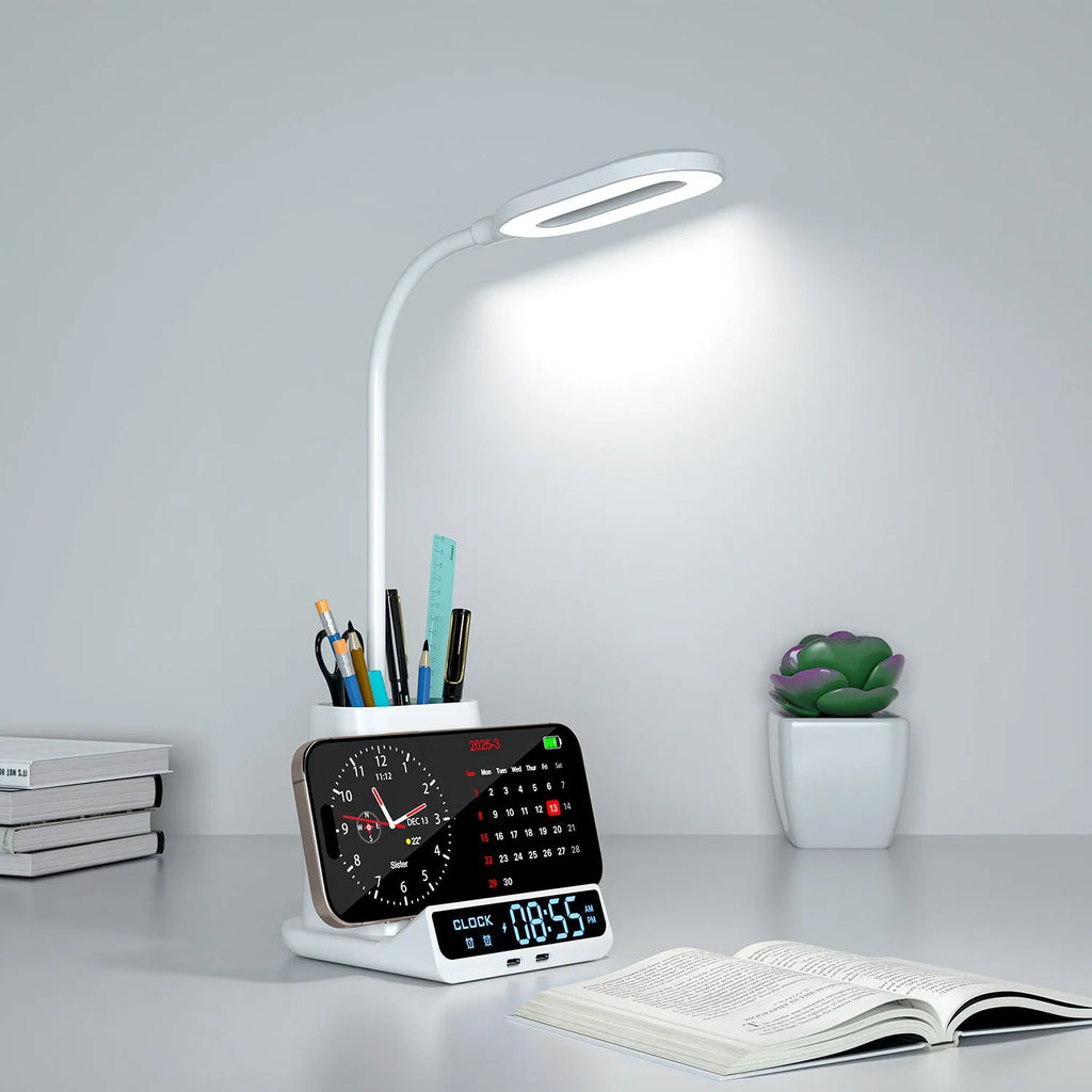 Modern wireless charging desk lamp with built-in storage box and pen holder compartments