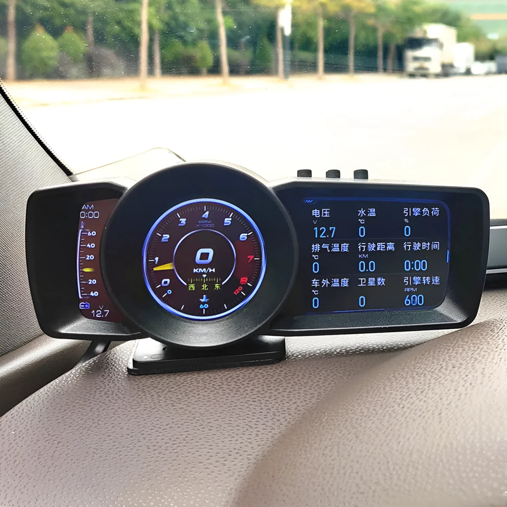 A600 OBDII car diagnostic monitor with HD TFT screen, connecting cable, and installation tools.