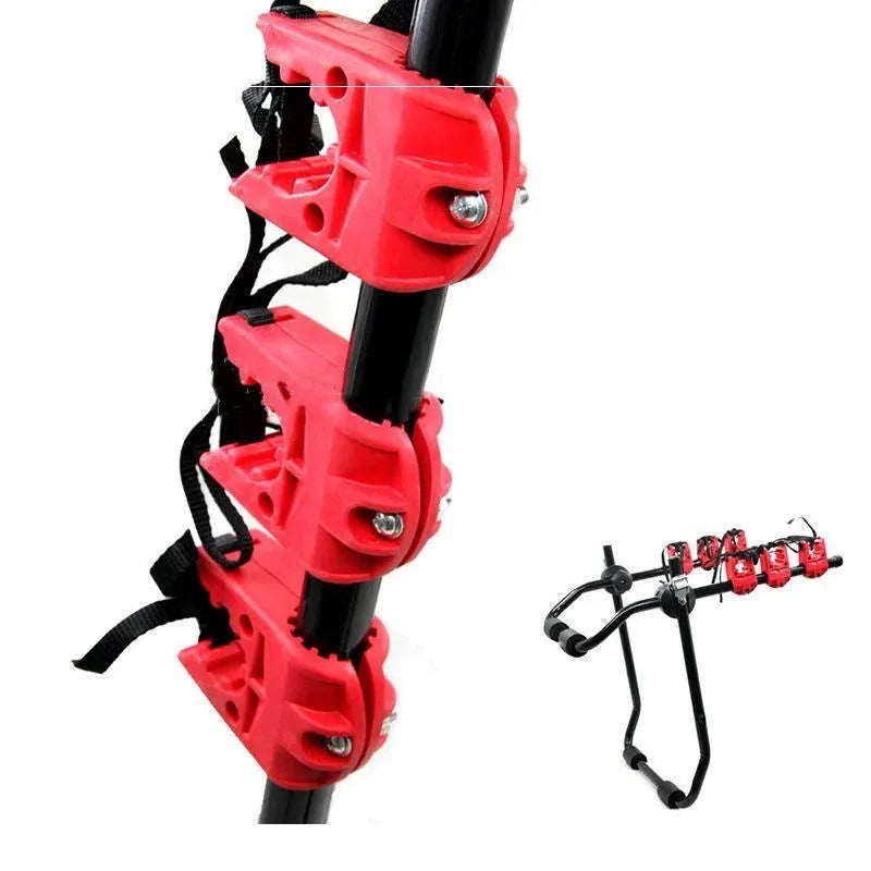 Black and red trunk mounted car bike holder rack with iron frame.