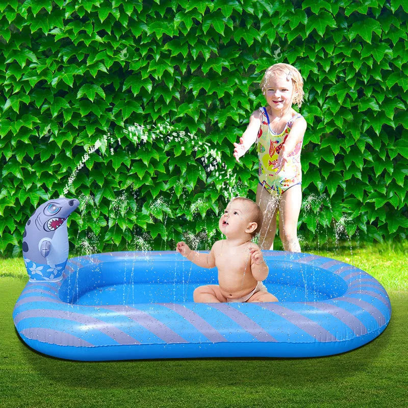 Blue dinosaur-shaped inflatable pool with shark design measuring 170cm long for kids' water play
