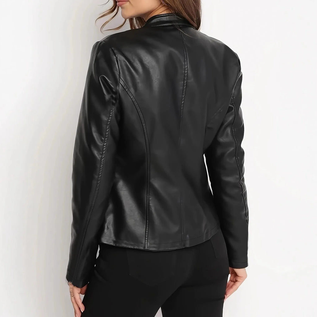 Women's short PU faux leather jacket in black, dark blue, or dark red, slim fit, long sleeves, 40cm length