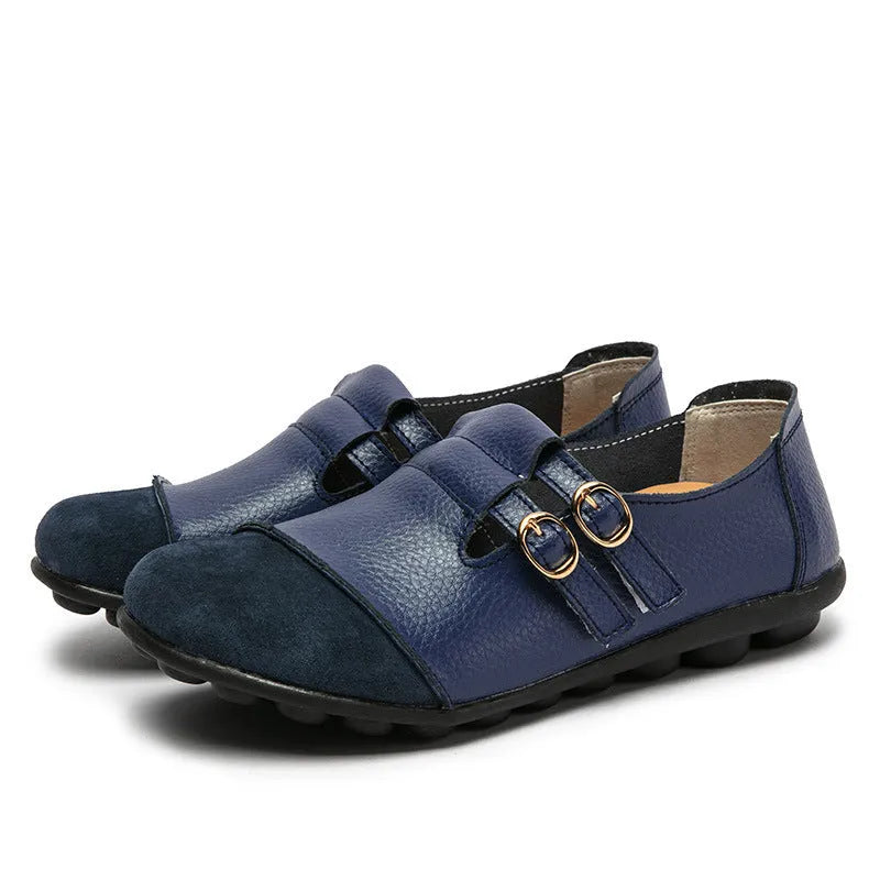 Button brand casual leather flat shoes with a Velcro strap, shown in multiple colours on a white background.