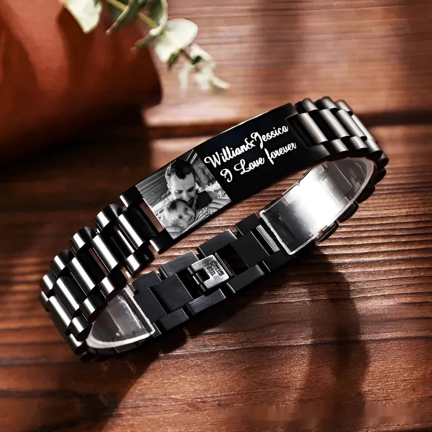 Men's stainless steel lettering bracelet with curved heart shape in gift box