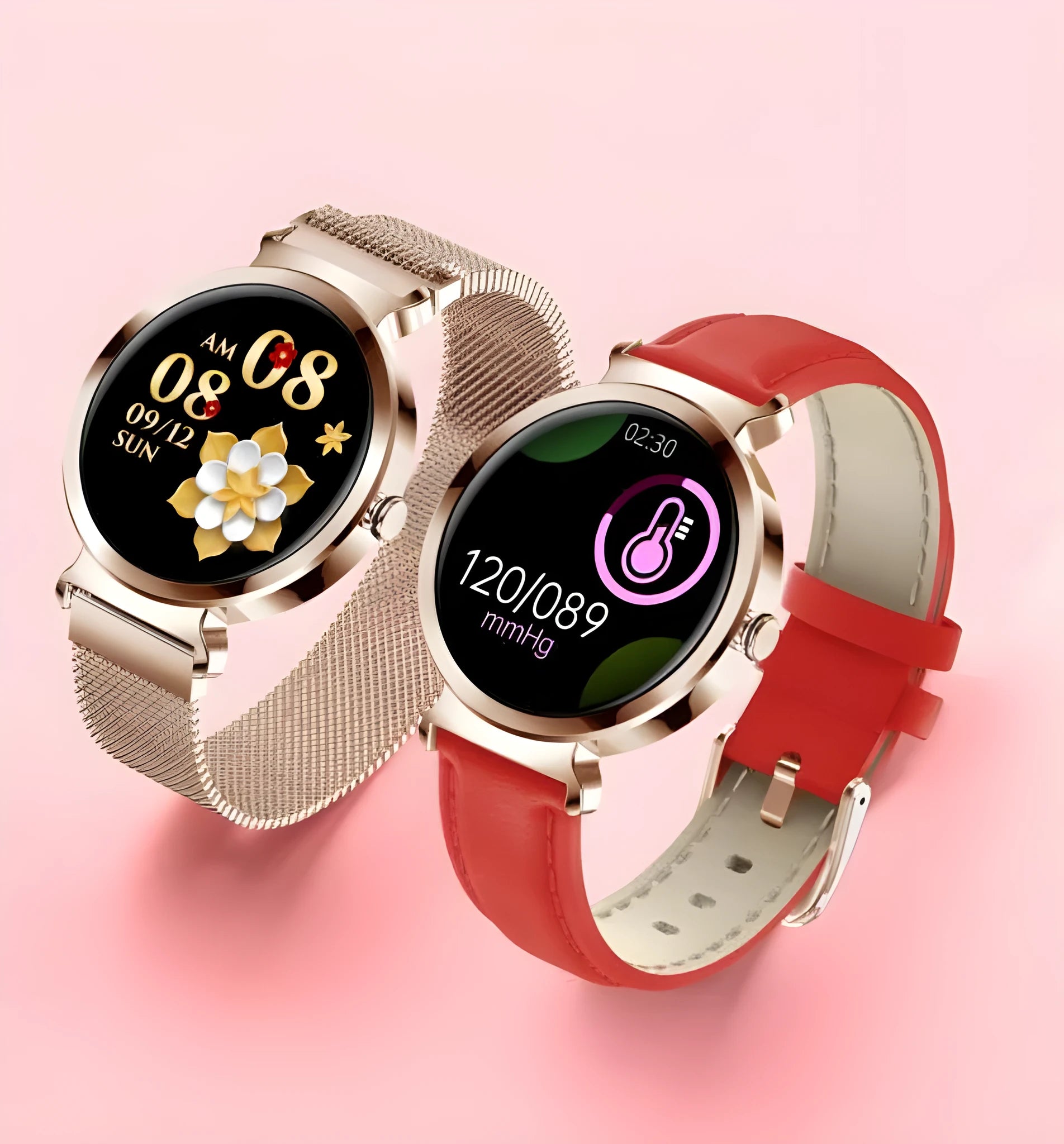 Zinc alloy smart bracelet for ladies with a 1.28-inch screen, shown in multiple colour options.