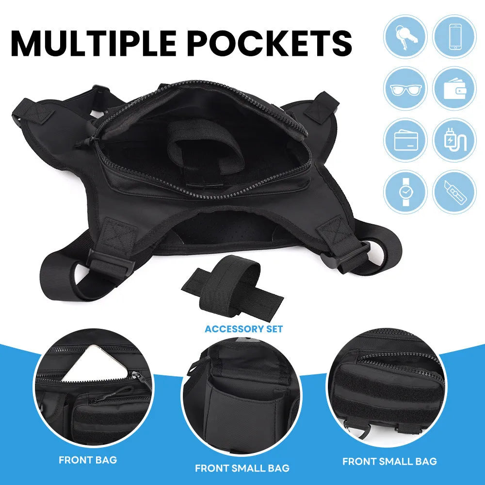 Oxford cloth outdoor sports chest bag in black colour with sewing line detailing and breathable vest design