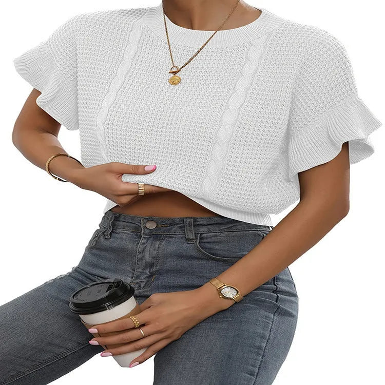 Women's loose fit knitted pullover with twisted string ruffled short sleeves in black colour
