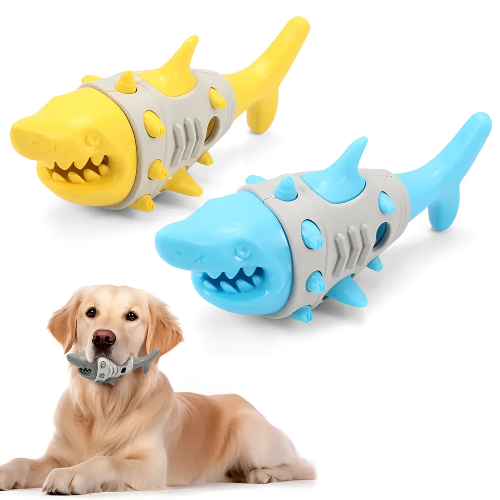 Blue leaky dog toy with shark-tooth texture for teething and dental cleaning