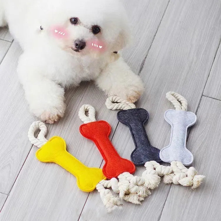 Bone-shaped dog chew toy with rope knot design in felt fabric, available in multiple colours