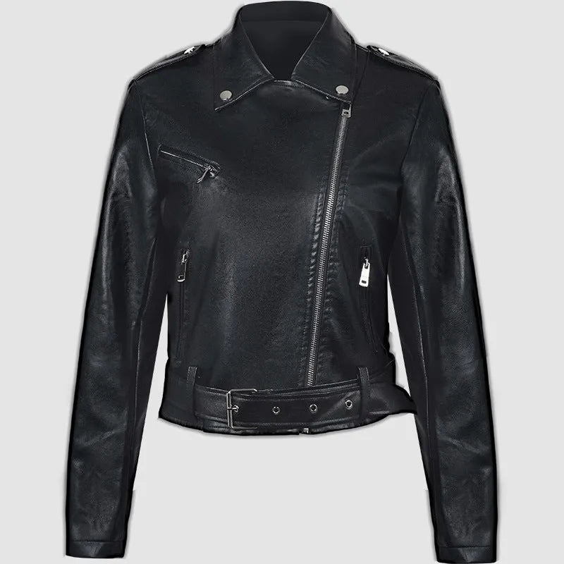Women's black PU leather motorcycle jacket with lapel collar and waist belt detail
