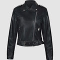 Women's black PU leather motorcycle jacket with lapel collar and waist belt detail