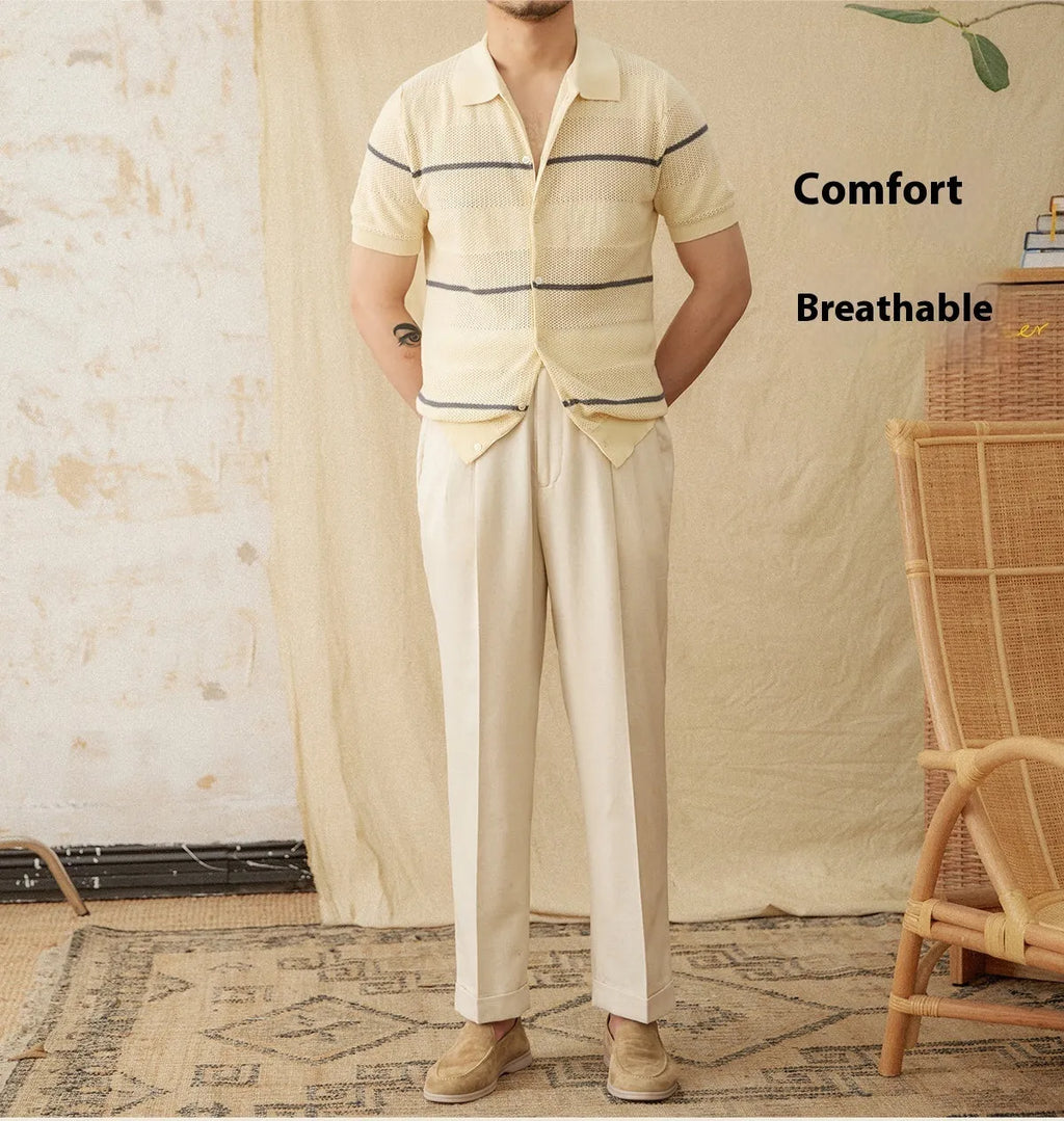 Men's camel coloured lapel cardigan with short sleeves made from cotton linen blend fabric