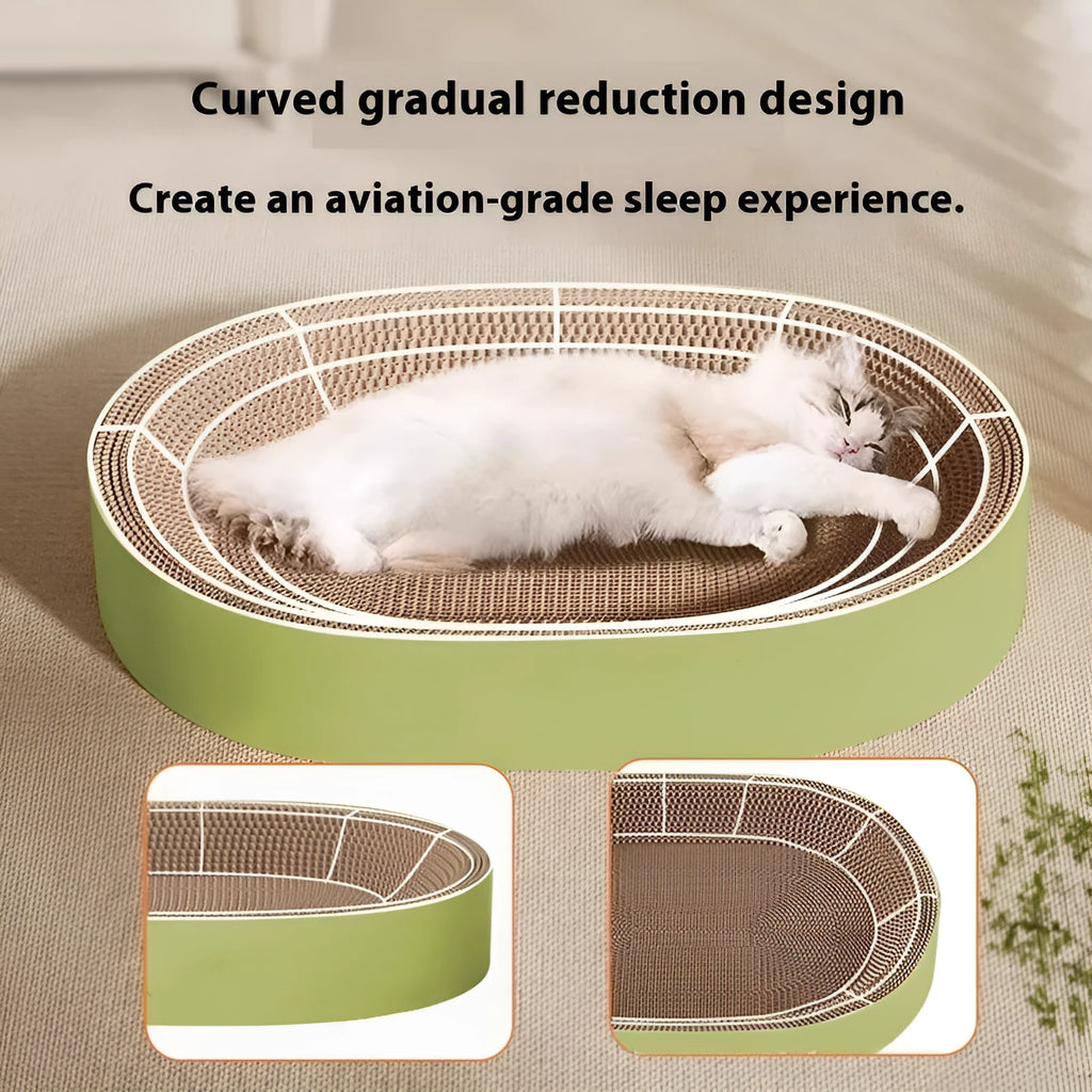 Green oval corrugated paper cat scratch board and nest bed, 55cm diameter.