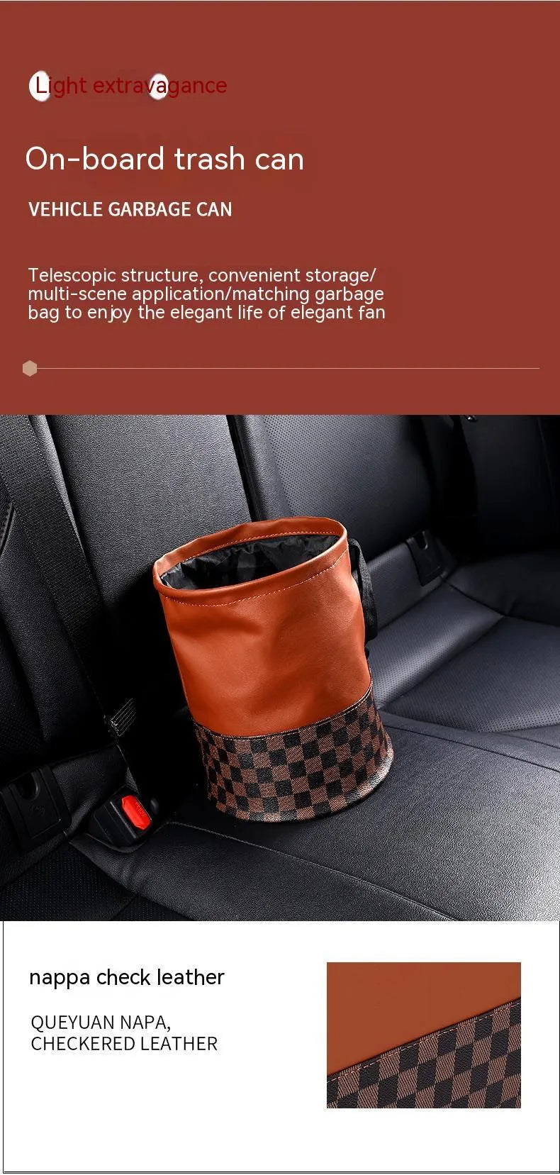Retractable leather car bin showing folding design with carry handle for vehicle waste management