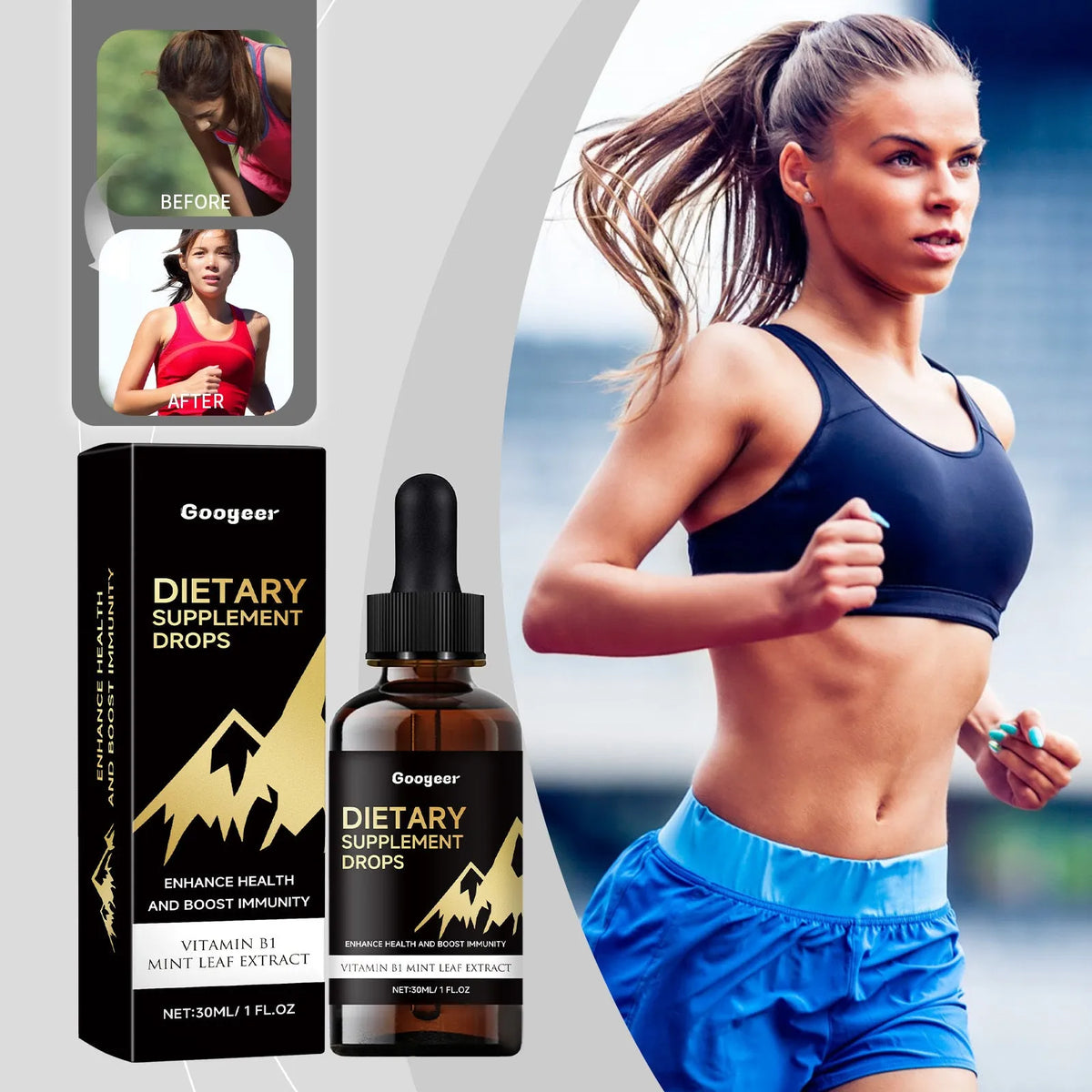 Glass dropper bottle containing amber liquid dietary supplement drops for amino acids and vitamin B12.